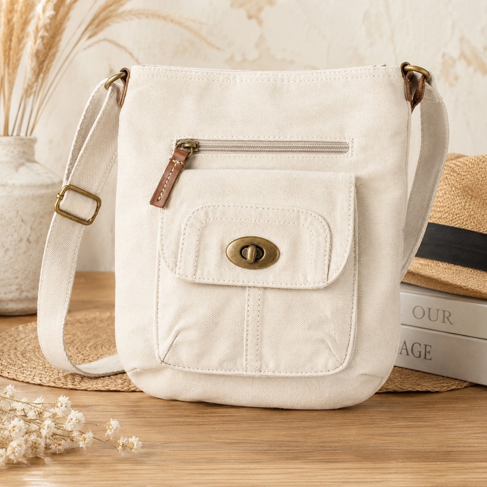 Boho Canvas Crossbody Bag Cream Brass Leather Trim Utility Messenger Purse Cream
